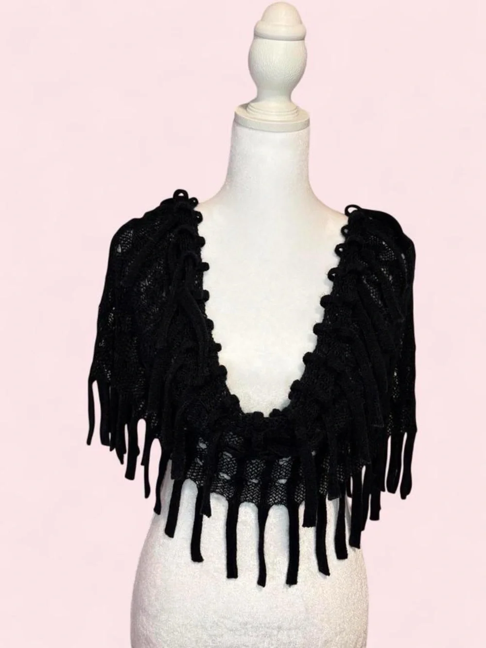 Black Crocheted Fringe One-Shoulder Shawl